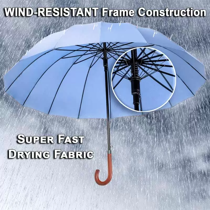 Large windproof umbrella - sturdy strong construction with 16 ribs - light blue Large windproof umbrella - sturdy strong construction with 16 ribs - light blue