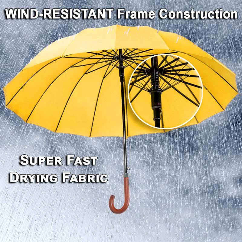Large windproof umbrella - sturdy strong construction with 16 ribs - yellow