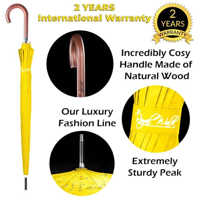 Walking stick umbrella with wood hook handle - yellow
