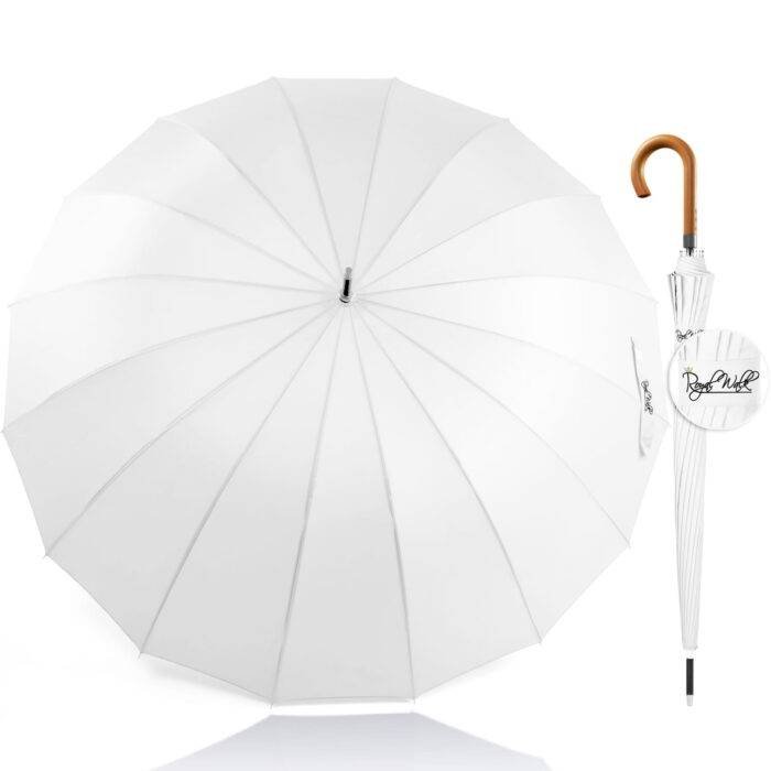 Großer Regenschirm für Regen, luxuriöser Gehstock, großer winddichter Regenschirm mit Echtholzgriff, automatisches Öffnen – Weiß 11