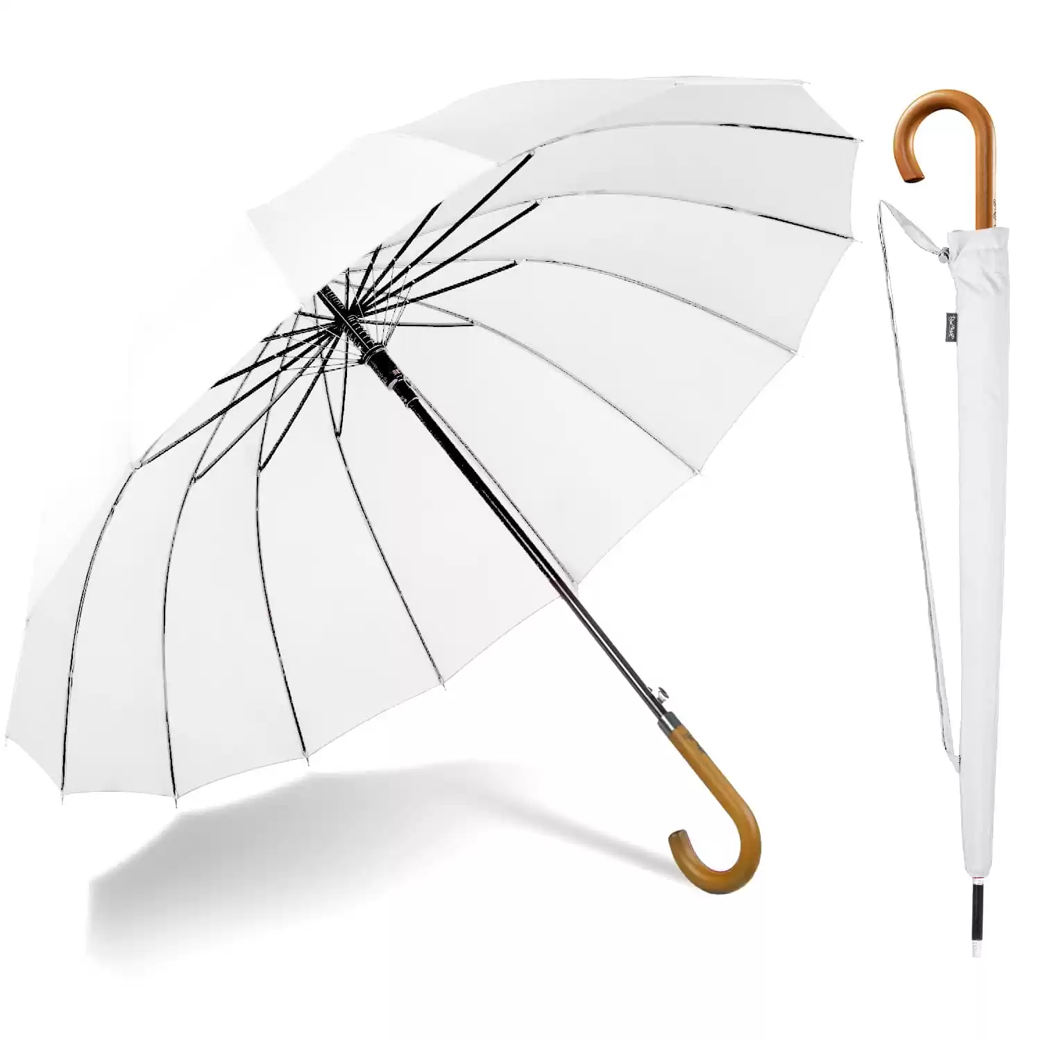 Large Umbrella for Rain, Walking Stick with Real Wood Handle, Automatic Open, 16 Ribs, 54 Inch Arc, 120cm Diameter - White 32 1500 large umbrella for rain windproof strong wood handle 16ribs 120cm 54in white 3