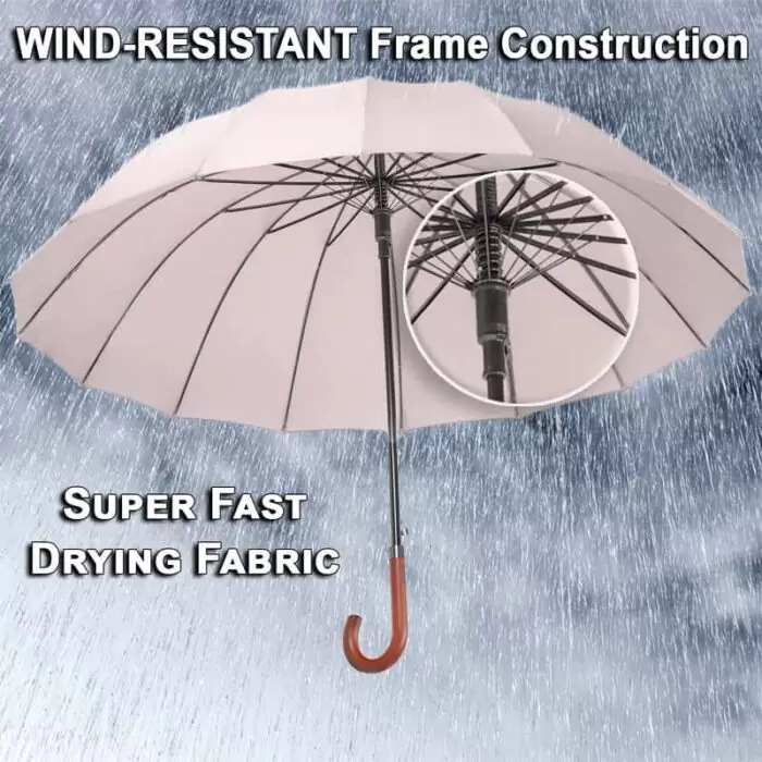 Large Umbrella for Rain Luxury big umbrella windproof with Real Wood Handle - beige 7