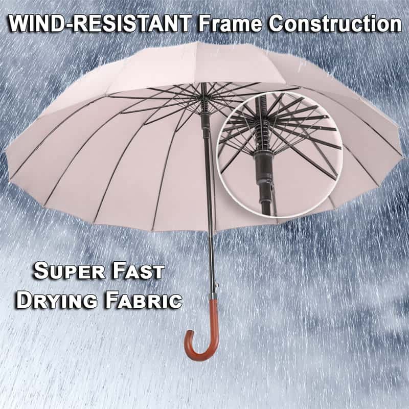 Large windproof umbrella - sturdy strong construction with 16 ribs - beige