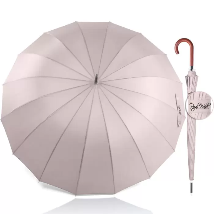 Large Umbrella for Rain Luxury big windproof Walking Stick with Real Wood Handle Automatic Open - beige 1