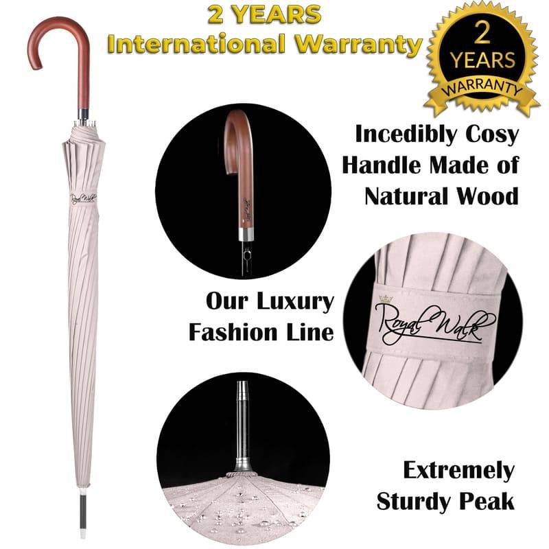 Walking stick umbrella with wood hook handle - beige