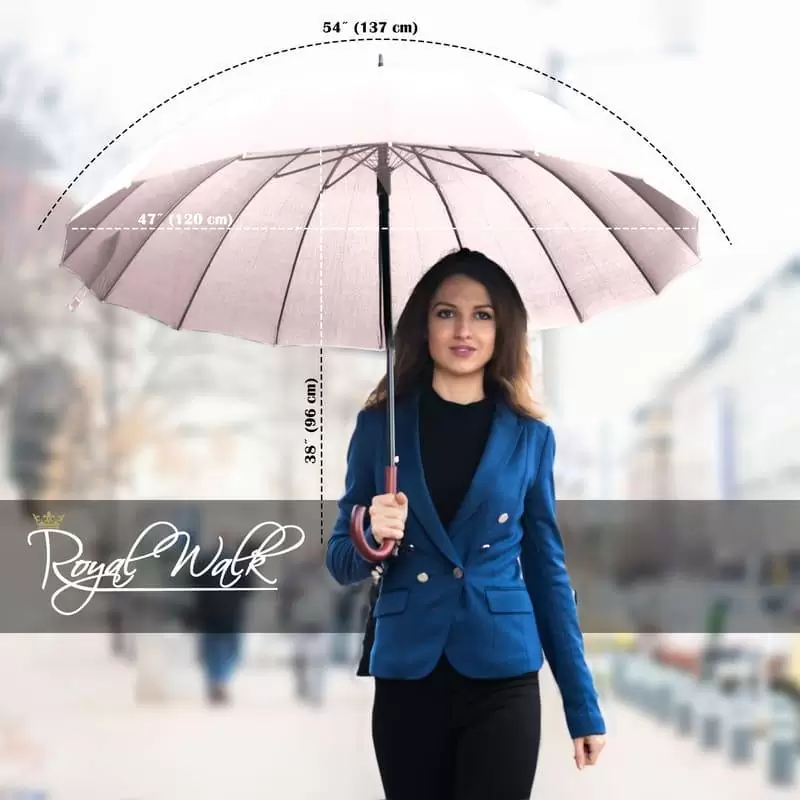 Large Umbrella for Rain Luxury big Walking Stick with Real Wood Handle 16 ribs - beige 4