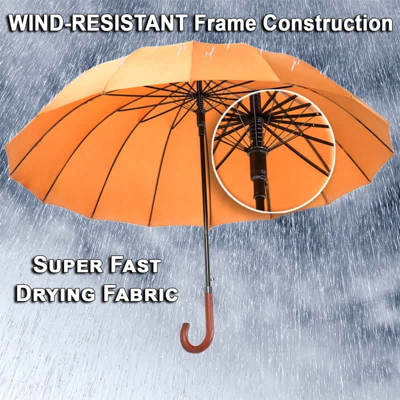 Large windproof umbrella - sturdy strong construction with 16 ribs - orange