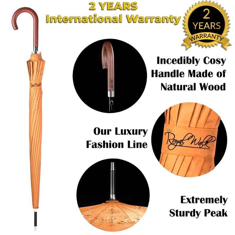 Walking stick umbrella with wood hook handle - orange