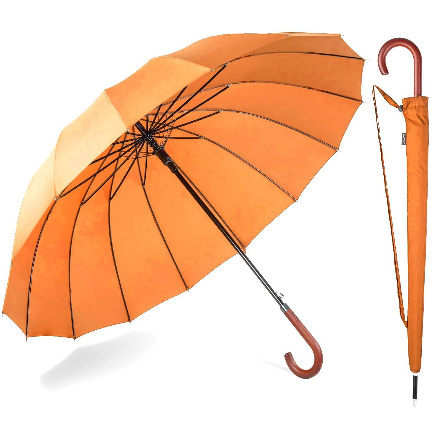 large umbrella for rain windproof strong wood handle 16ribs 120cm 54in orange 1500 1