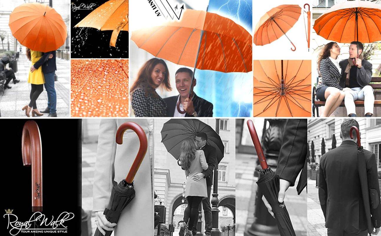 Luxury Large Umbrella for Rain windproof Walking Stick with Real Wood Handle big umbrella - orange 7