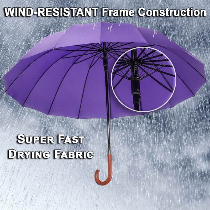 Large windproof umbrella - sturdy strong construction with 16 ribs - purple