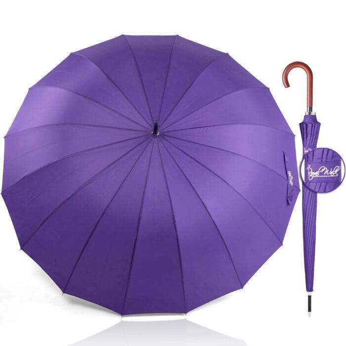 Großer Regenschirm für Regen, luxuriöser Gehstock mit Griff aus echtem Holz, automatisch zu öffnen – Lila 12
