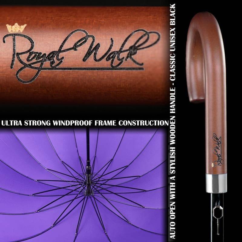 Wood handle umbrella walking stick and durable windproof construction - purple