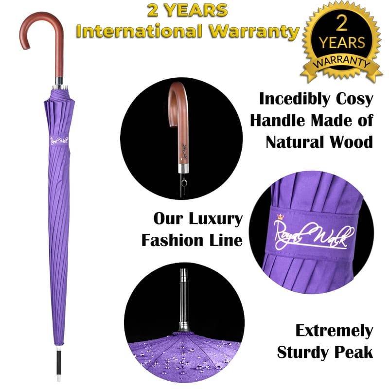 Walking stick umbrella with wood hook handle - purple