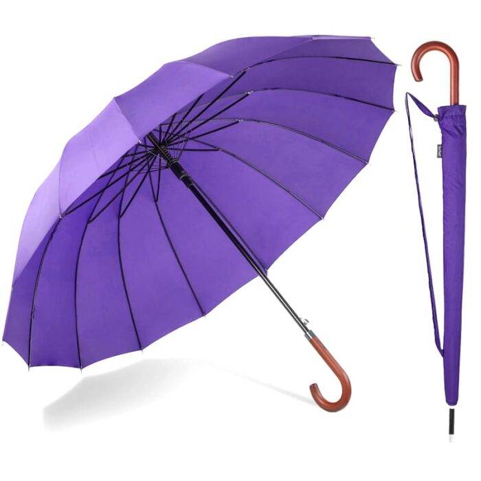 Large Umbrella for Rain Luxury Walking Stick with Real Wood Handle Automatic Open - purple 2