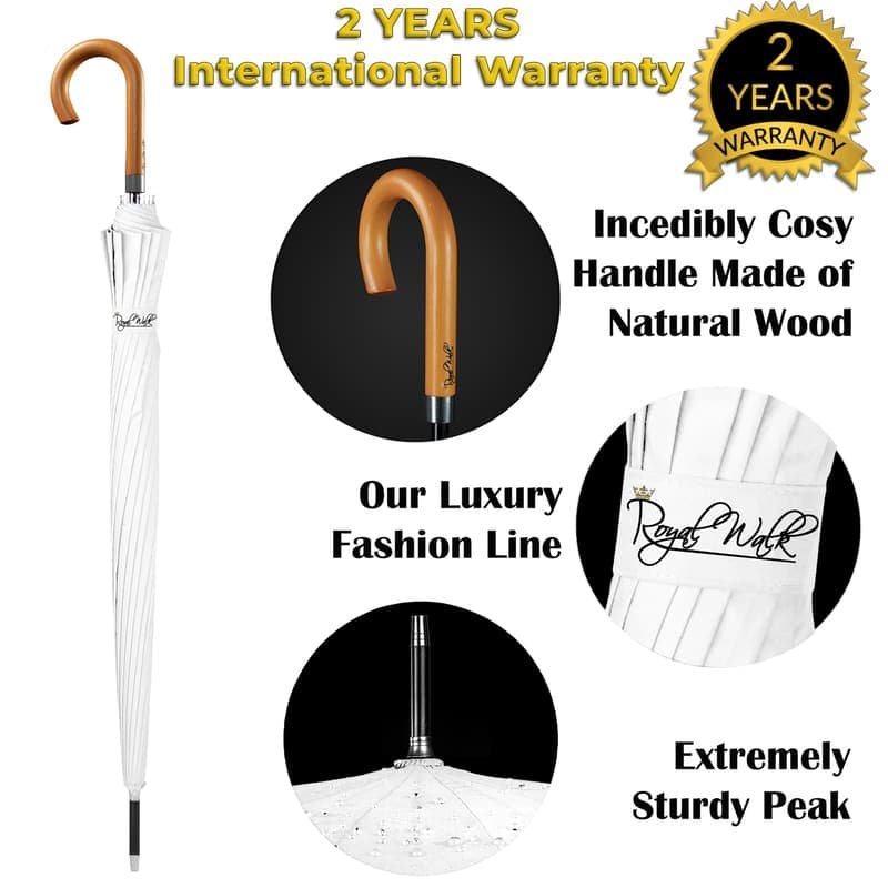 Walking stick umbrella with wood hook handle - white