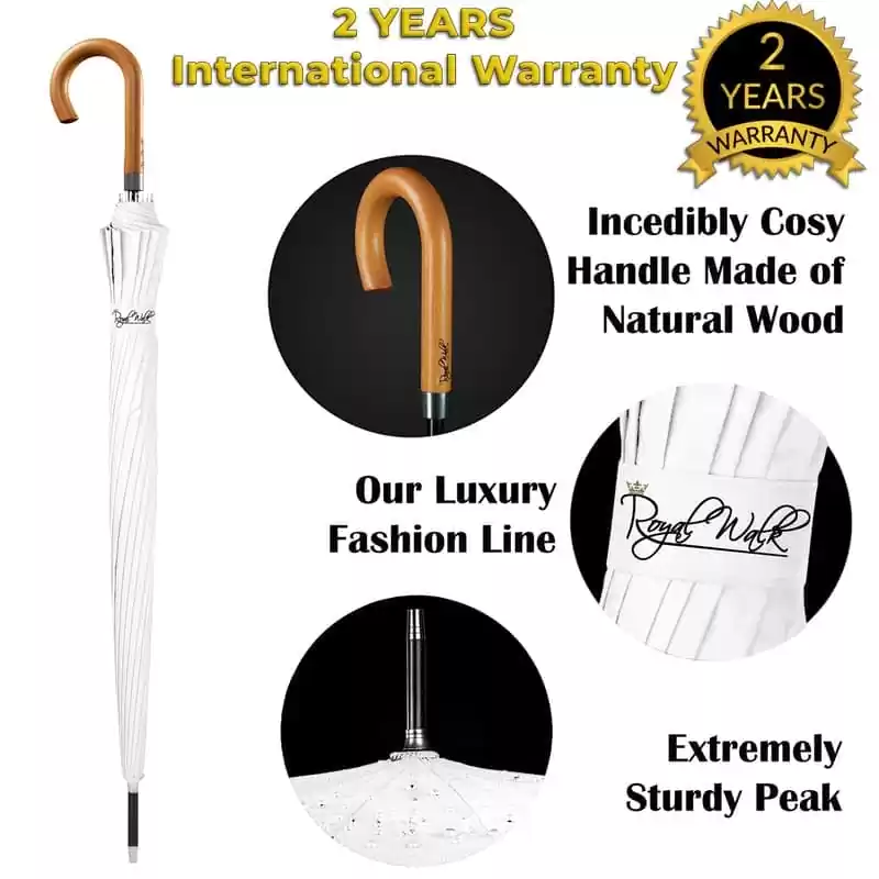 Walking stick umbrella with wood hook handle - white Walking stick umbrella with wood hook handle - white