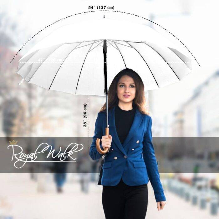 Large Umbrella for Rain, Walking Stick with Real Wood Handle, Automatic Open, 16 Ribs, 54 Inch Arc, 120cm Diameter - White 21 Large Umbrella for Rain Luxury windproof big umbrella with Real Wood Handle for two - white 3