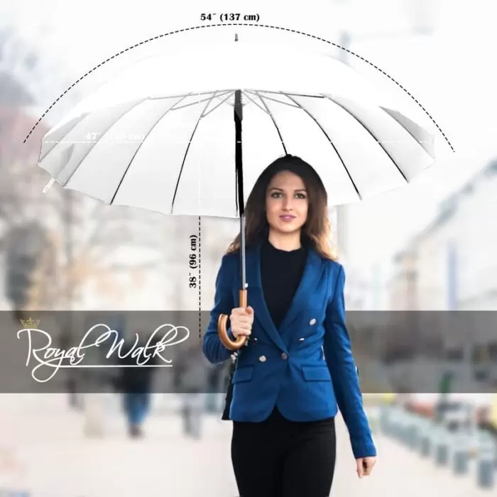 Large Umbrella for Rain, Walking Stick with Real Wood Handle, Automatic Open, 16 Ribs, 54 Inch Arc, 120cm Diameter - White 21 Large Umbrella for Rain Luxury windproof big umbrella with Real Wood Handle for two - white 3