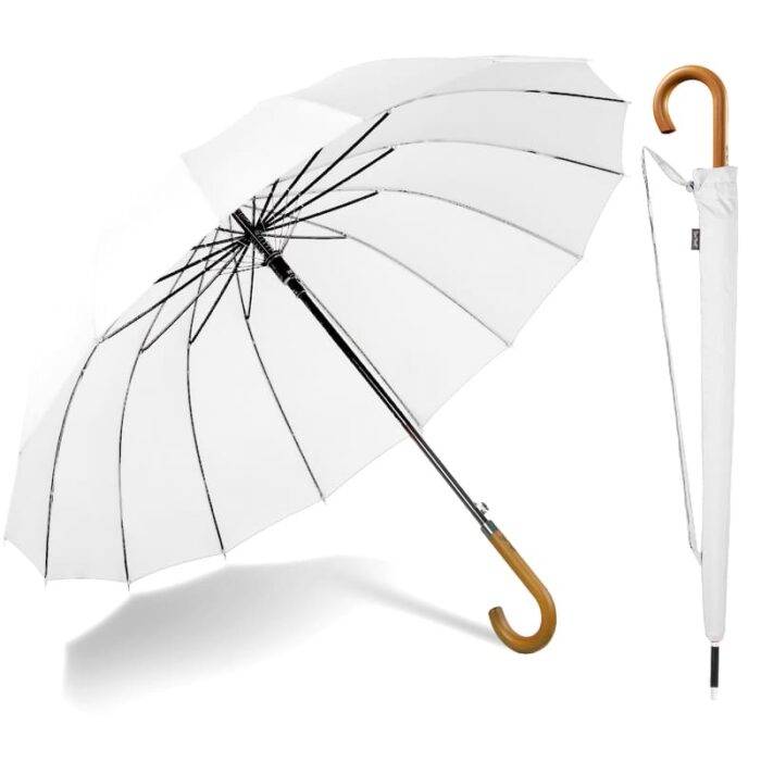 Large Umbrella for Rain, Walking Stick with Real Wood Handle, Automatic Open, 16 Ribs, 54 Inch Arc, 120cm Diameter - White 27 Large Umbrella for Rain Luxury windproof big umbrella with Real Wood Handle- white 5