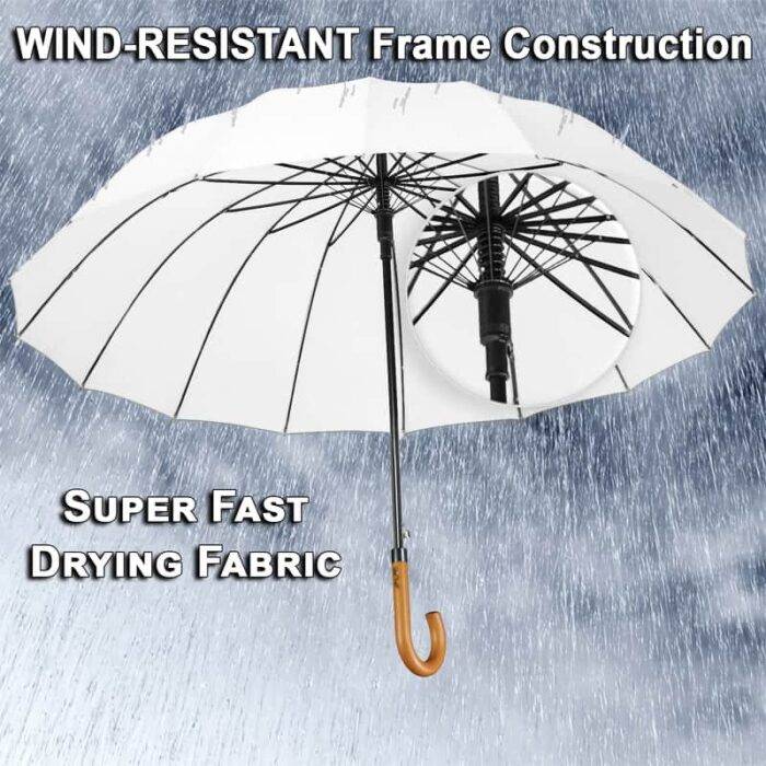 Large Umbrella for Rain, Walking Stick with Real Wood Handle, Automatic Open, 16 Ribs, 54 Inch Arc, 120cm Diameter - White 23 Large Umbrella for Rain Luxury Walking Stick windproof umbrella with Real Wood Handle Automatic Open - white