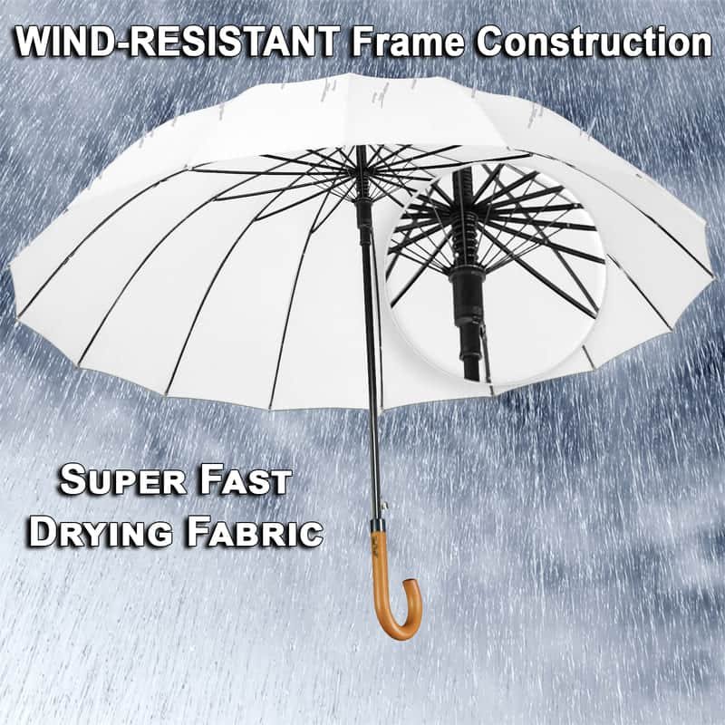 Large windproof umbrella - sturdy strong construction with 16 ribs - white