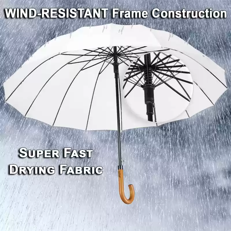 Large windproof umbrella - sturdy strong construction with 16 ribs - white Large windproof umbrella - sturdy strong construction with 16 ribs - white