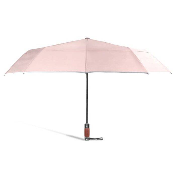 Luxurious folding windproof umbrella for rain - fast drying fabric with real wood handle and vented double canopy beige 12