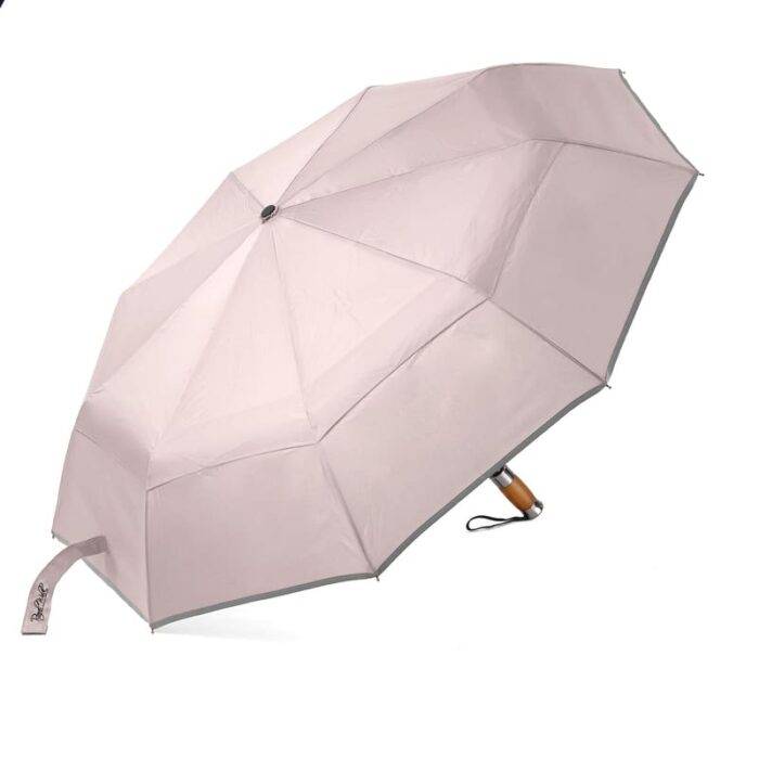 Luxurious folding windproof umbrella for rain - fast drying fabric and vented double canopy beige 4