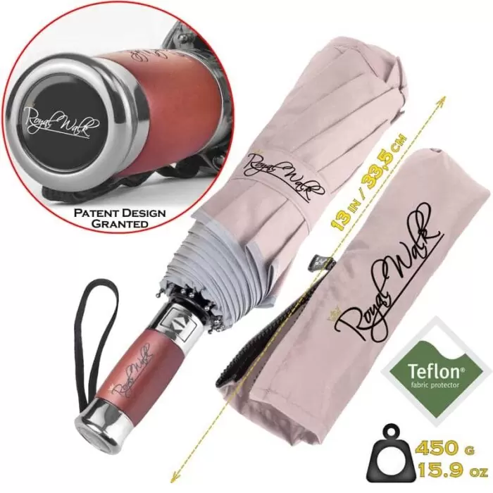 Luxurious compact folding windproof umbrella for rain - fast drying fabric with real wood handle beige 14