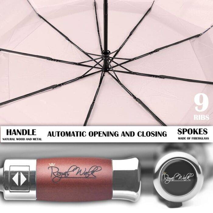 Luxurious folding windproof umbrella for rain - fast drying fabric with real wood handle and vented double canopy beige 11