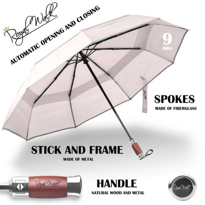 Luxurious strong folding windproof umbrella for rain - fast drying fabric and vented double canopy beige 8