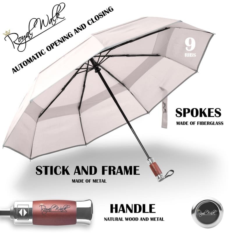 Folding windproof double canopy umbrella for rain - with real wood handle beige