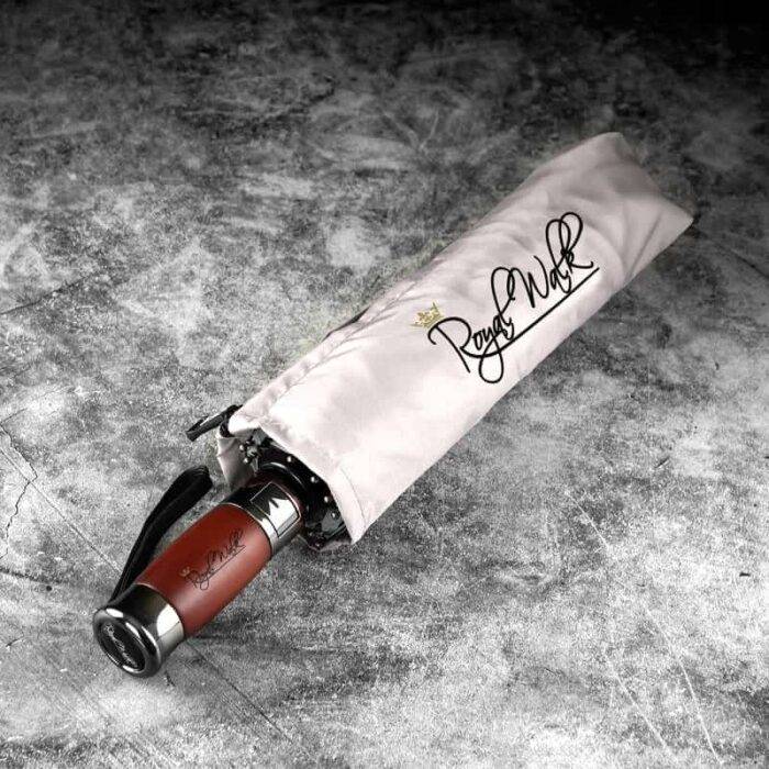 Luxurious compact folding windproof umbrella for rain - fast drying fabric with real wood handle beige 16