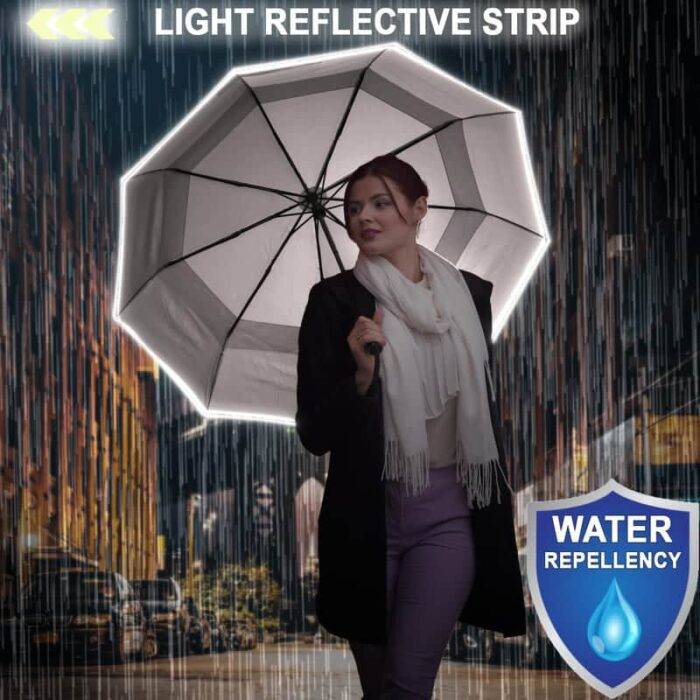 Luxurious folding windproof umbrella for rain - fast drying fabric with light reflective strip beige 1