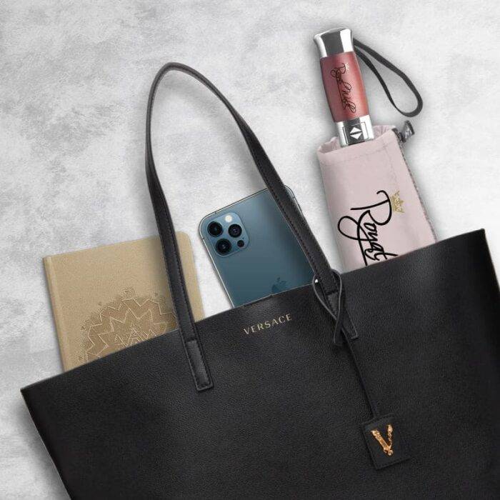 Luxurious compact folding windproof umbrella for rain - fast drying fabric with real wood handle beige 18