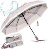 Luxurious folding windproof umbrella for rain - fast drying fabric with real wood handle and vented double canopy beige