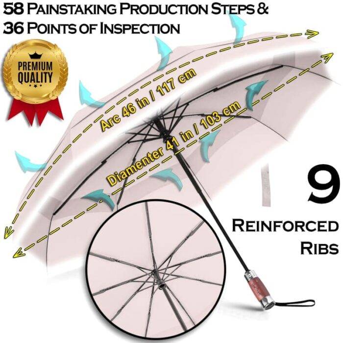 Luxurious strong folding windproof umbrella for rain - fast drying fabric and vented double canopy beige 7
