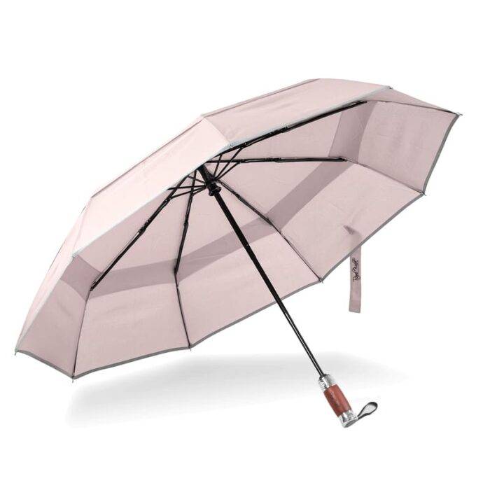 Luxurious folding windproof umbrella for rain - fast drying fabric with real wood handle and vented double canopy beige 13