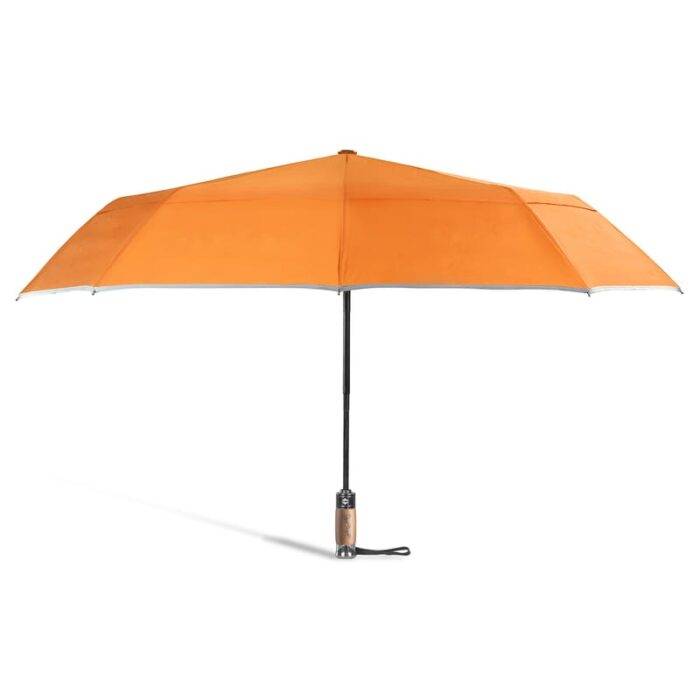 Luxurious compact folding windproof umbrella for rain - light reflective strip and vented double canopy orange 13