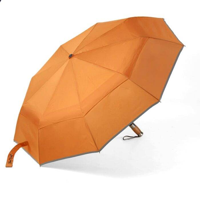 Luxurious compact folding windproof umbrella for rain - light reflective strip and vented double canopy orange 14