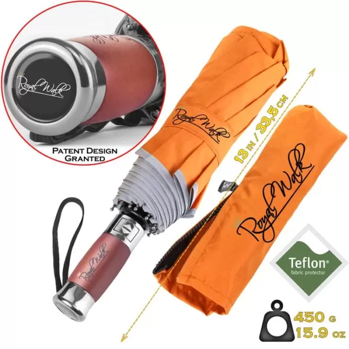 Luxurious compact folding windproof umbrella for rain with real wood handle and vented double canopy orange 2