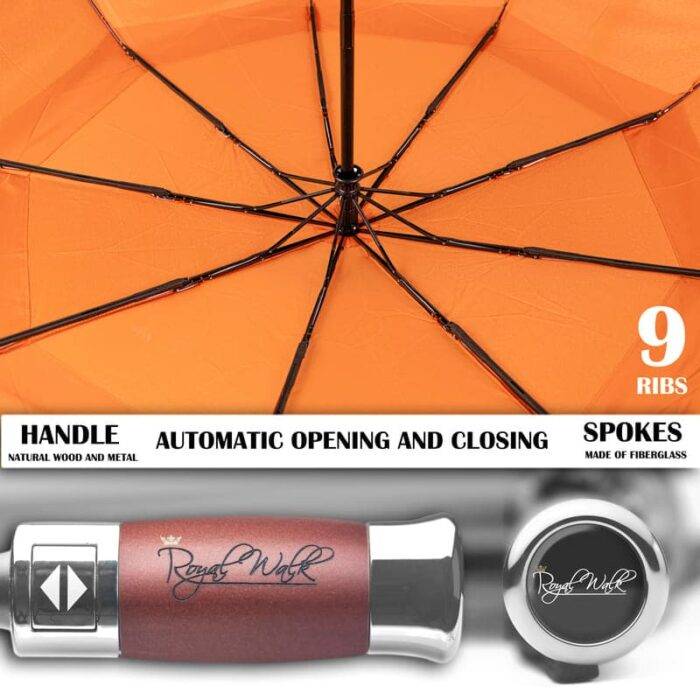 Strong Luxurious folding windproof umbrella for rain - fast drying fabric with real wood handle and vented double canopy orange 7