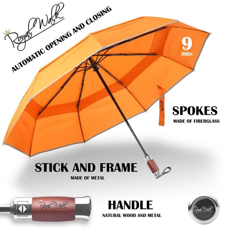 Folding windproof double canopy umbrella for rain - with real wood handle orange