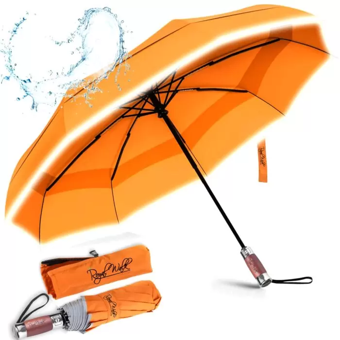 Luxurious folding windproof umbrella for rain - fast drying fabric with real wood handle and vented double canopy orange