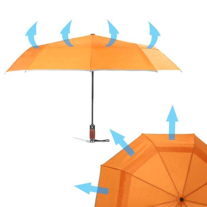 Strong Luxurious folding windproof umbrella for rain - fast drying fabric with real wood handle and vented double canopy orange 789