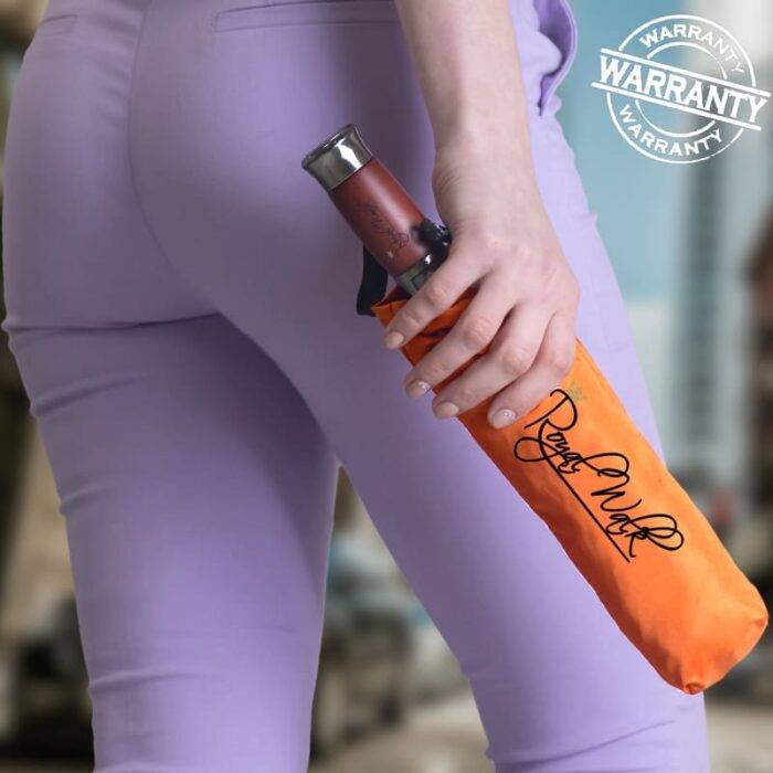 Luxurious travel compact folding windproof umbrella for rain with real wood handle and vented double canopy orange 4