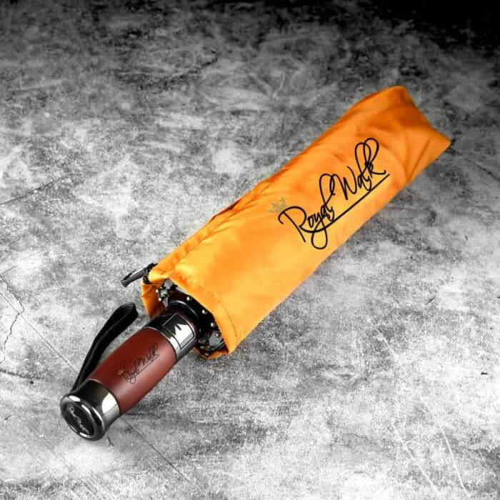 Luxurious travel compact folding windproof umbrella for rain with real wood handle and vented double canopy orange 3