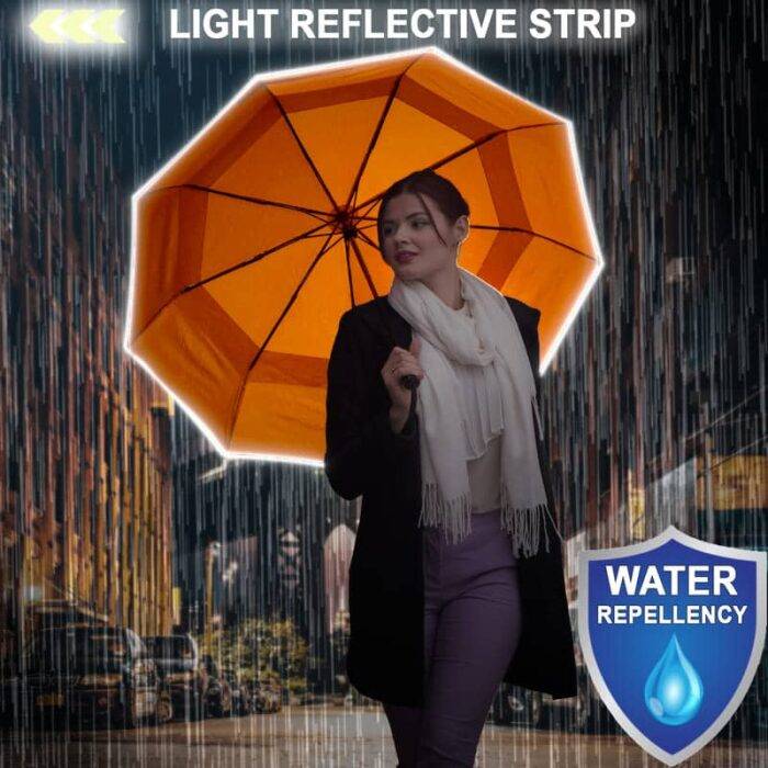 Luxurious folding windproof umbrella for rain - fast drying fabric with light reflective strip and vented double canopy orange 8