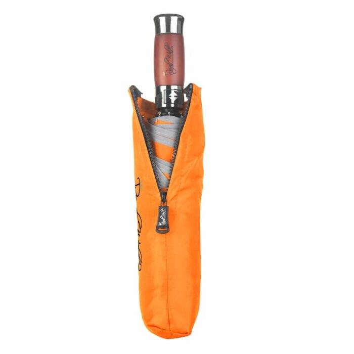 Luxurious compact folding windproof umbrella for rain with real wood handle and vented double canopy orange 3